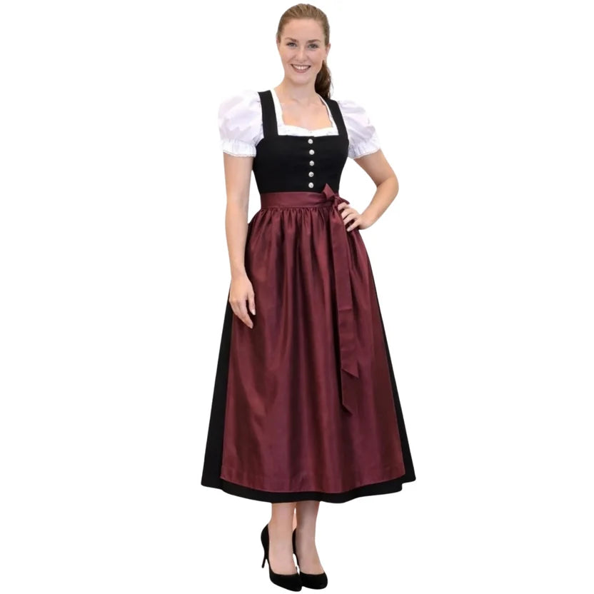 Black Dirndl Dress with Burgundy Satin Apron | Classic