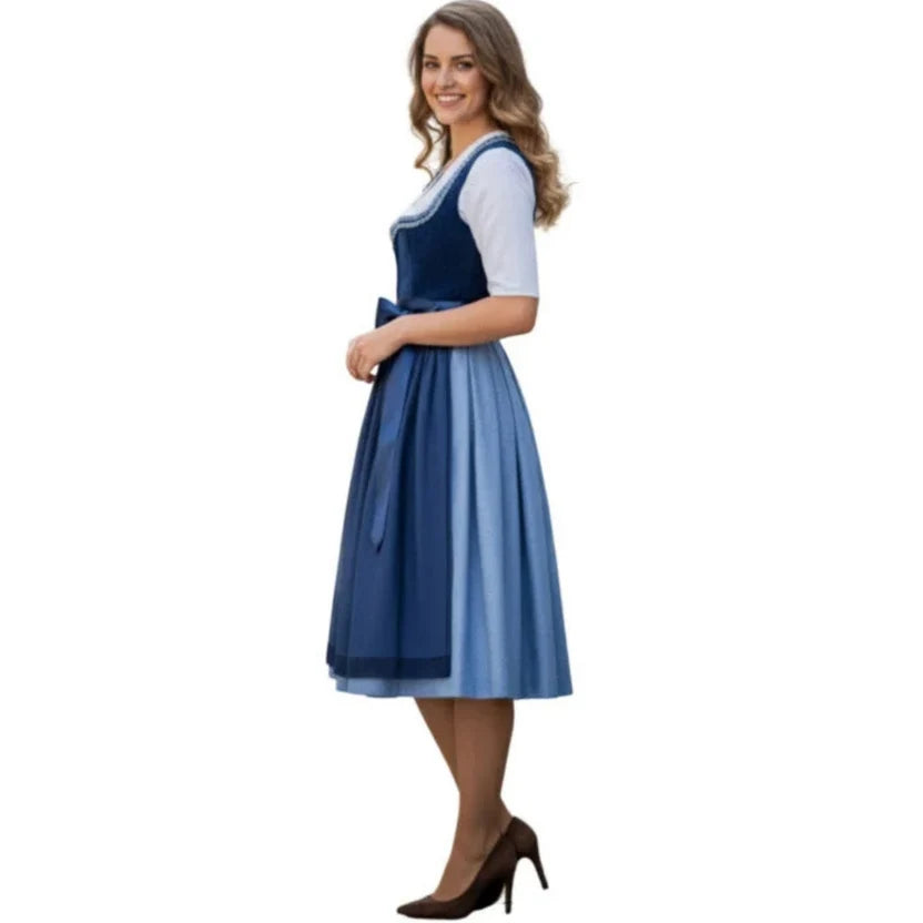 Navy Blue Velvet Dirndl Dress with Ombré Skirt | Knee