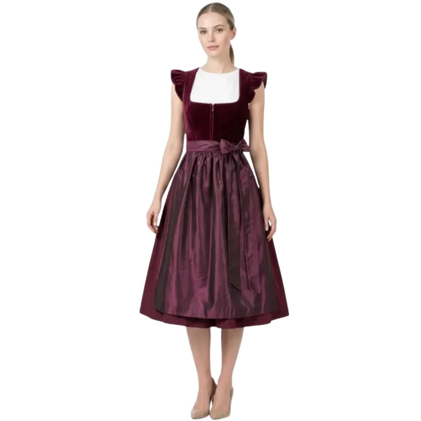 Burgundy Velvet Dirndl Dress with Ruffle Sleeves | Midi