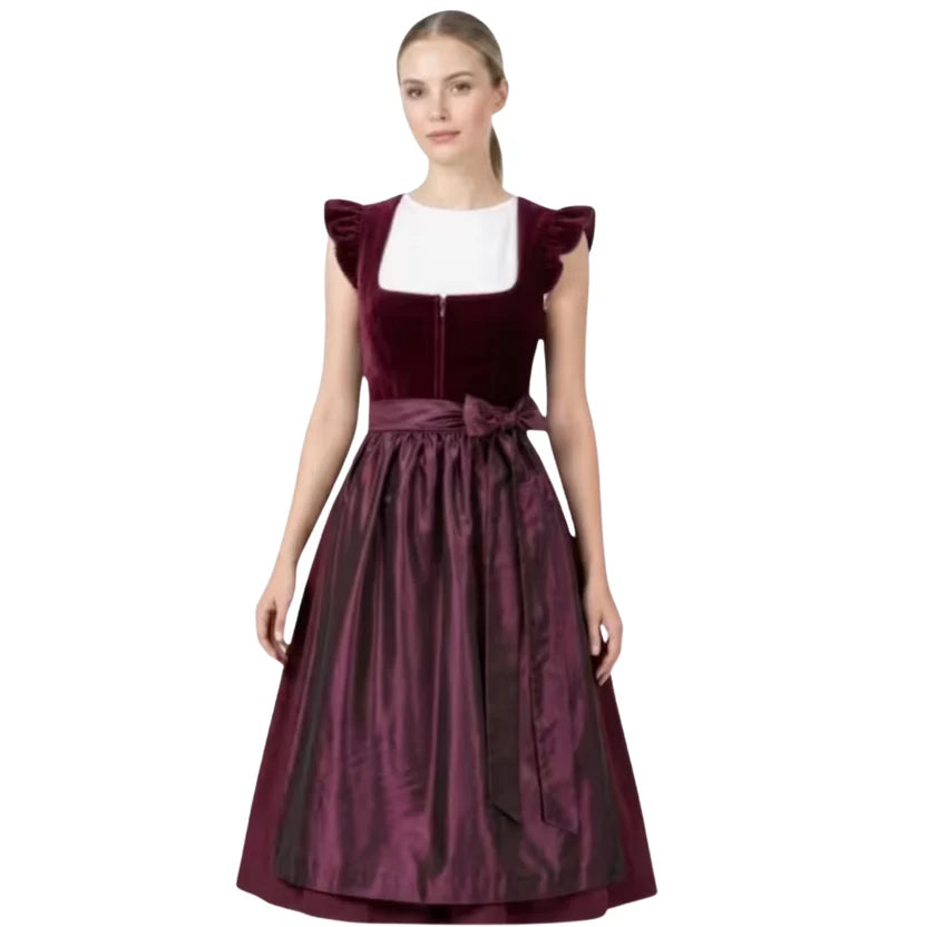 Burgundy Velvet Dirndl Dress with Ruffle Sleeves | Midi