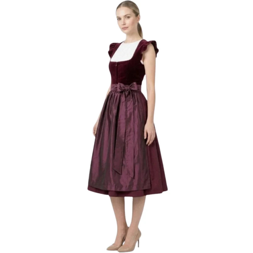 Burgundy Velvet Dirndl Dress with Ruffle Sleeves | Midi
