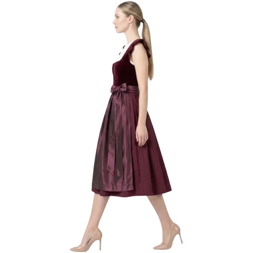 Burgundy Velvet Dirndl Dress with Ruffle Sleeves | Midi