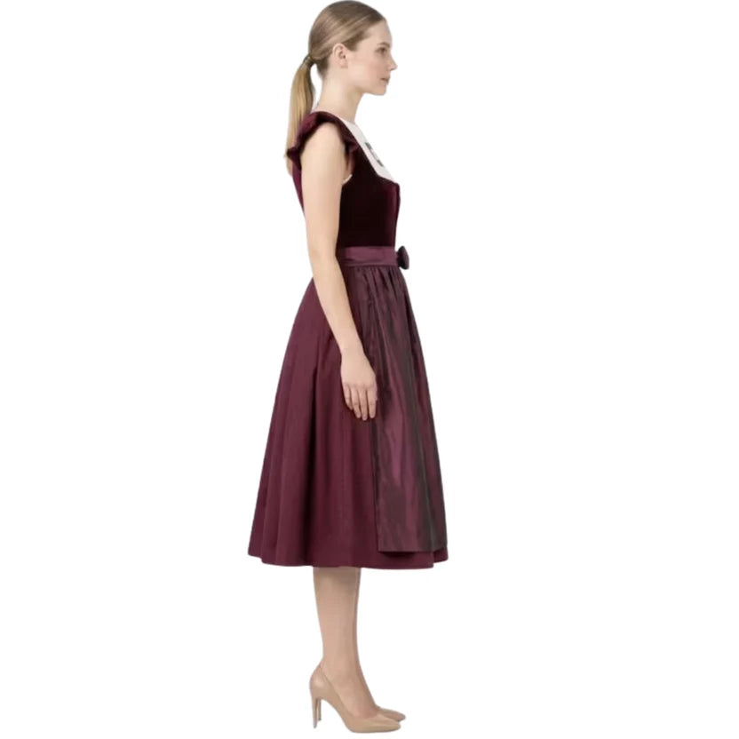 Burgundy Velvet Dirndl Dress with Ruffle Sleeves | Midi