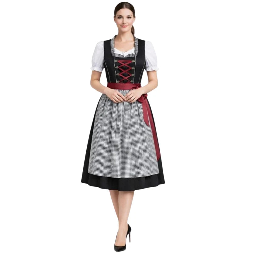 Black Lace-Up Dirndl Dress with Gingham Apron | Classic