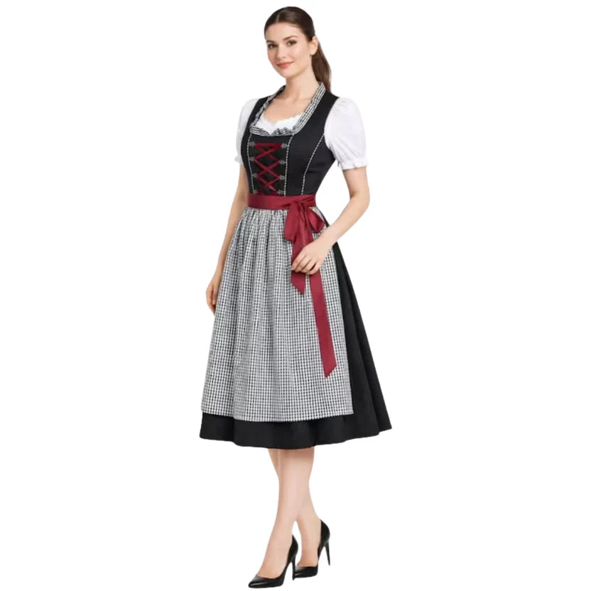 Black Lace-Up Dirndl Dress with Gingham Apron | Classic
