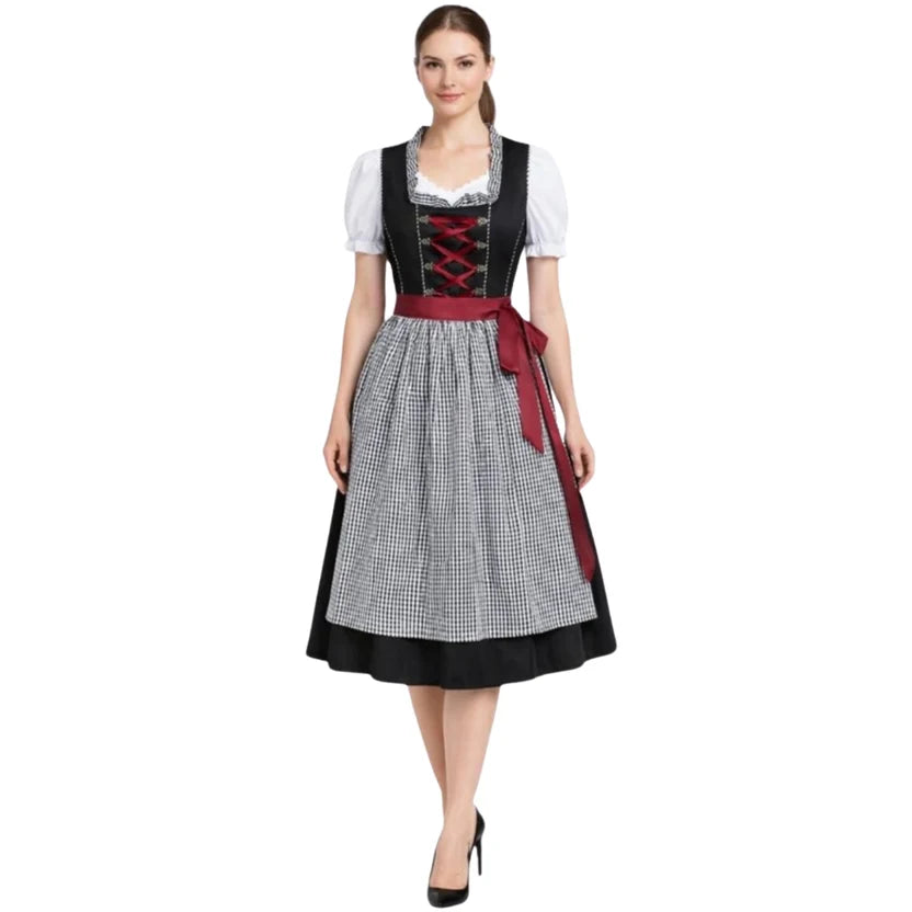 Black Lace-Up Dirndl Dress with Gingham Apron | Classic