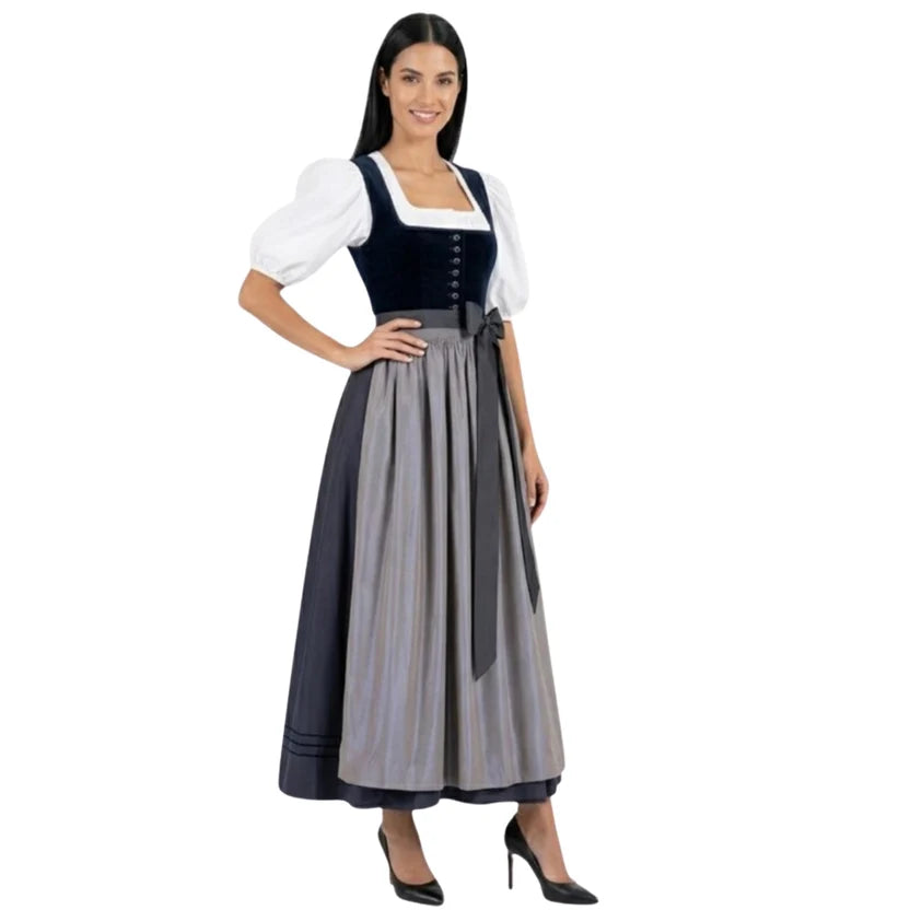 Navy Velvet Dirndl Dress with Grey Satin Apron | Elegant