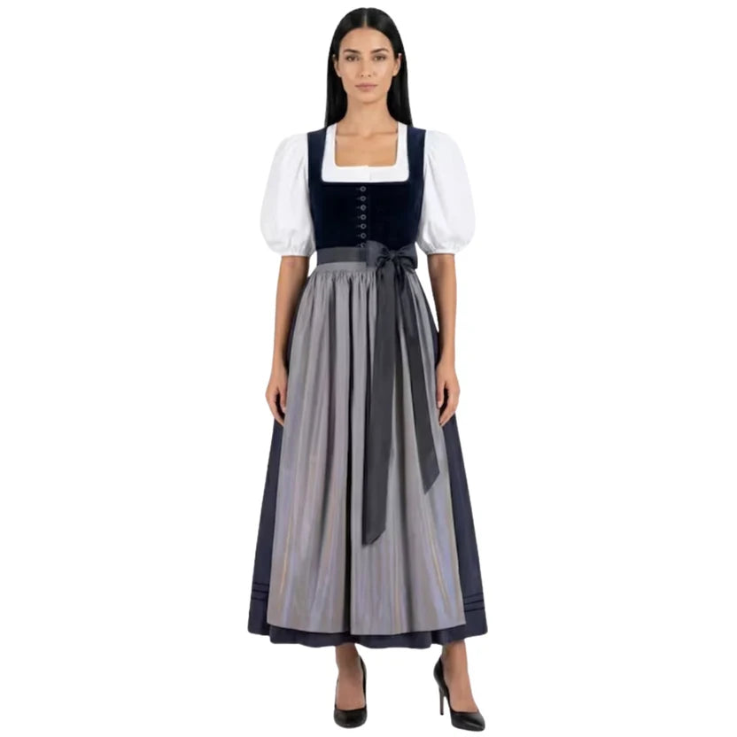 Navy Velvet Dirndl Dress with Grey Satin Apron | Elegant