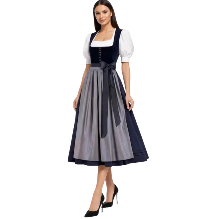 Navy Velvet Dirndl Dress with Grey Satin Apron | Elegant