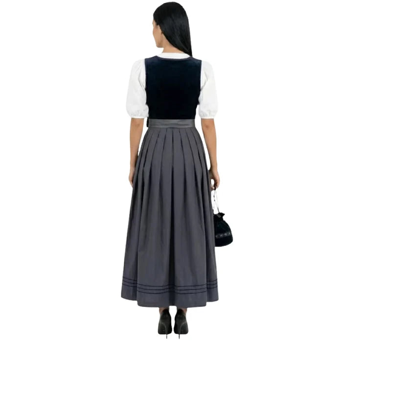 Navy Velvet Dirndl Dress with Grey Satin Apron | Elegant