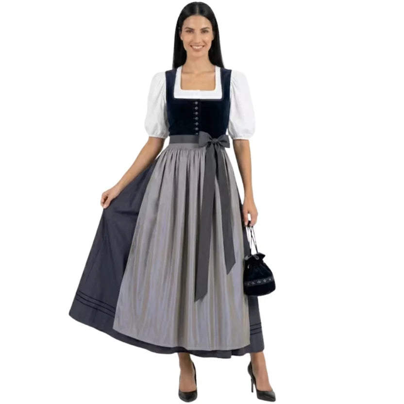 Navy Velvet Dirndl Dress with Grey Satin Apron | Elegant