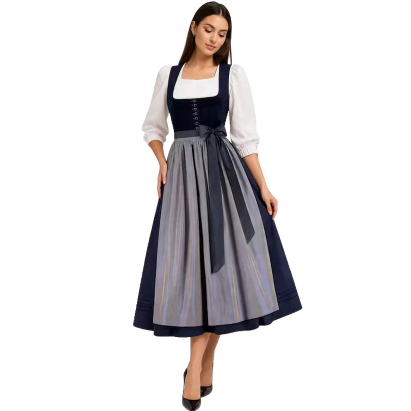 Navy Velvet Dirndl Dress with Grey Satin Apron | Elegant