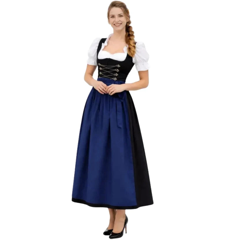 Black Corset Dirndl Dress with Navy Blue Apron | Long