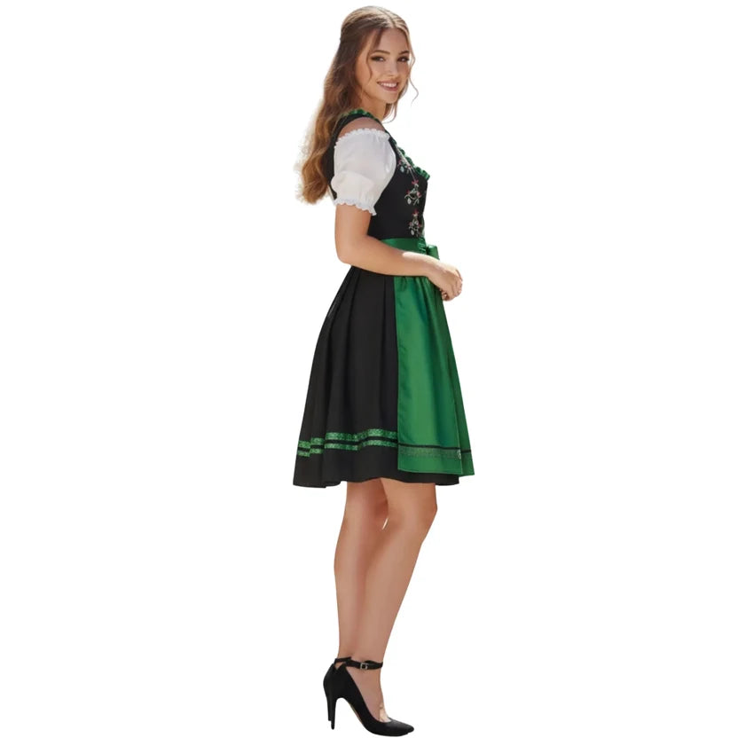 Black Embroidered Dirndl Dress with Green Satin Apron