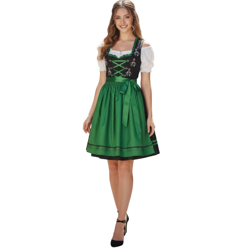 Black Embroidered Dirndl Dress with Green Satin Apron
