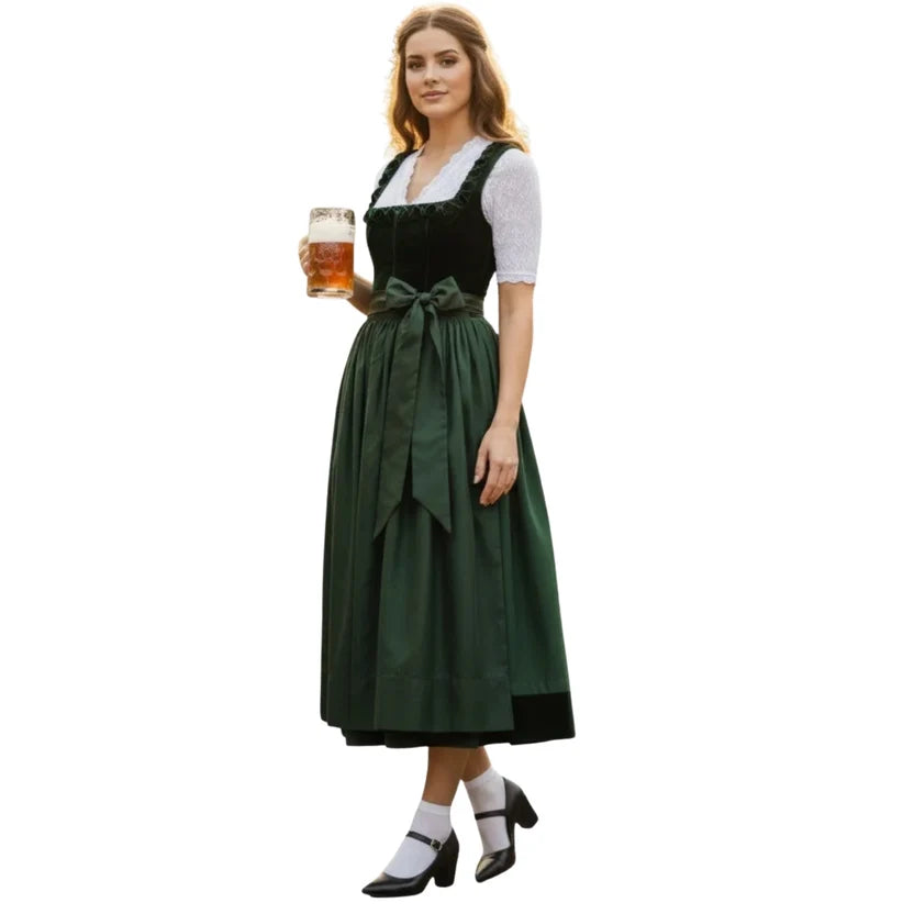 Dark Green Velvet Dirndl Dress with Lace Blouse | Long