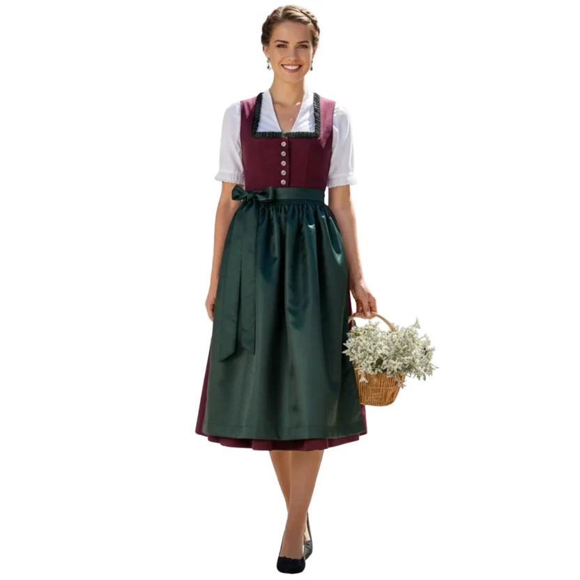 Burgundy Dirndl Dress with Dark Green Apron | Midi