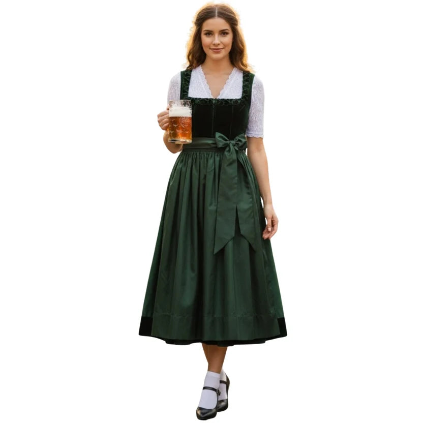 Dark Green Velvet Dirndl Dress with Lace Blouse | Long