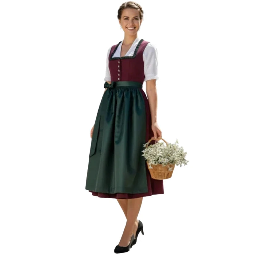 Burgundy Dirndl Dress with Dark Green Apron | Midi