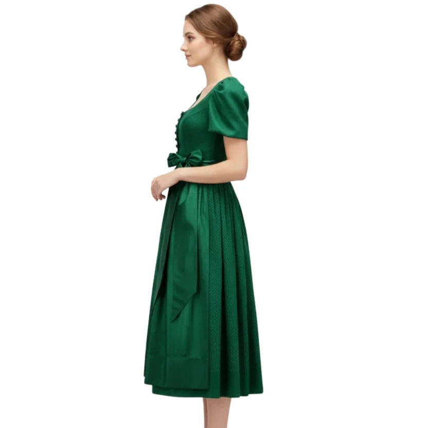 Emerald Green Satin Dirndl Dress with Puff Sleeves