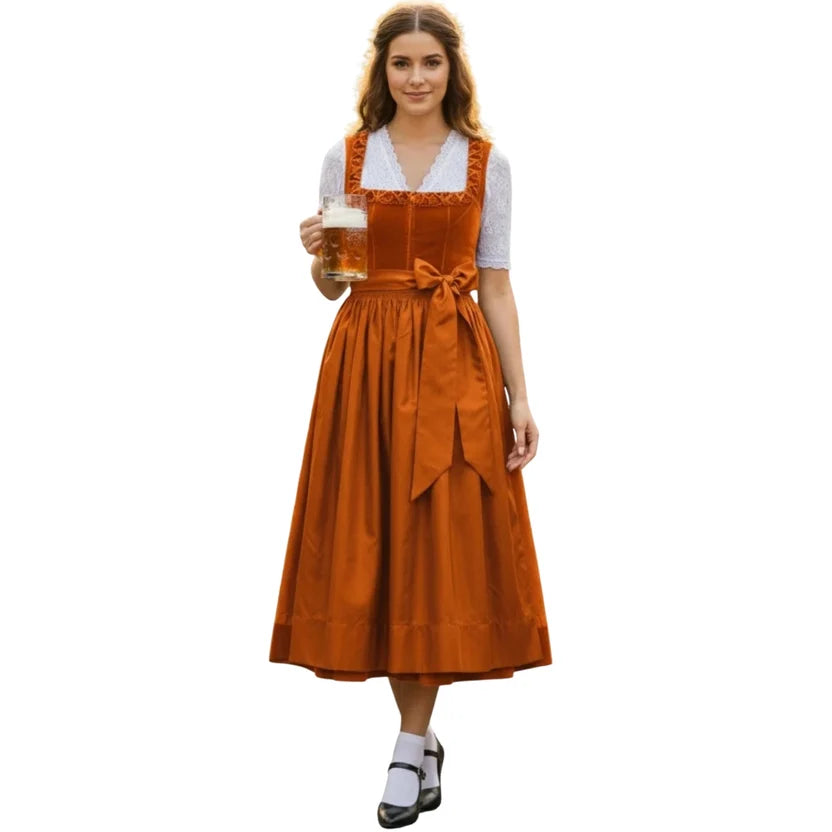 Rust Orange Dirndl Dress with Braided Trim & Bow Sash