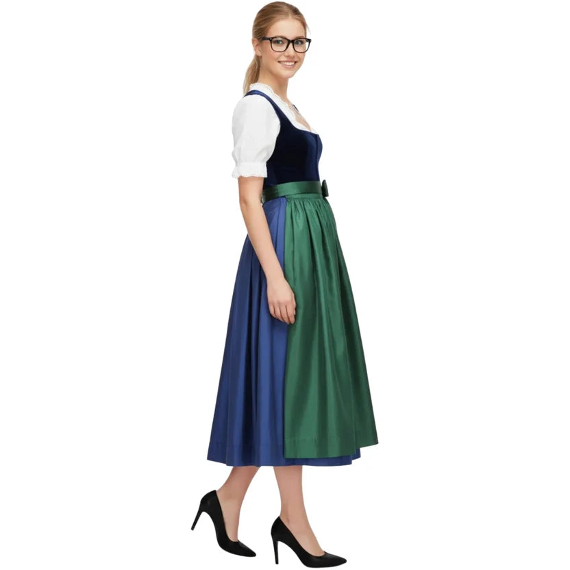 Navy Blue Velvet Dirndl Dress with Green Satin Apron | Long
