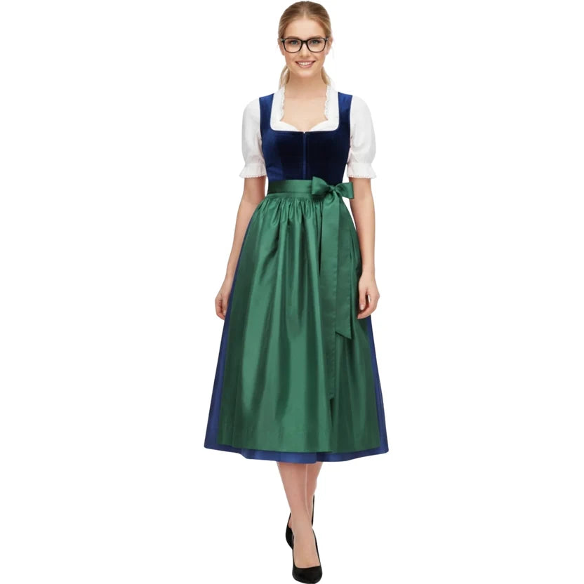 Navy Blue Velvet Dirndl Dress with Green Satin Apron | Long