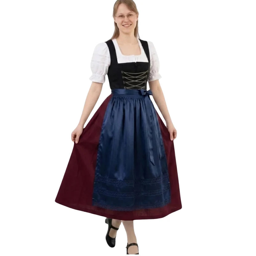 Black Corset Dirndl Dress with Navy Satin Lace Apron