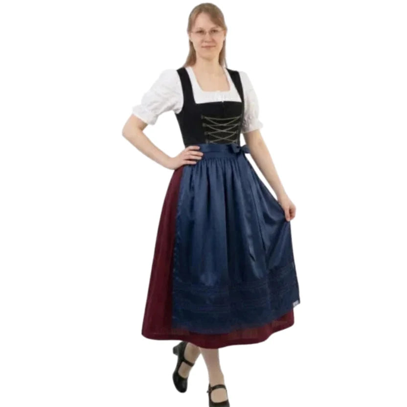 Black Corset Dirndl Dress with Navy Satin Lace Apron