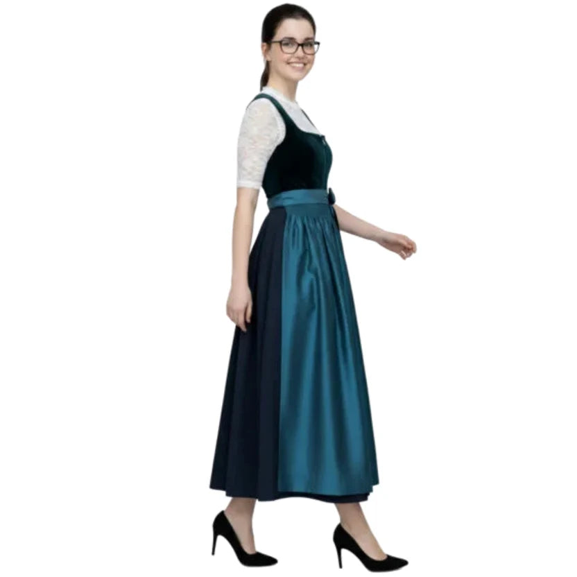 Teal Velvet Dirndl Dress with Satin Apron & Sash