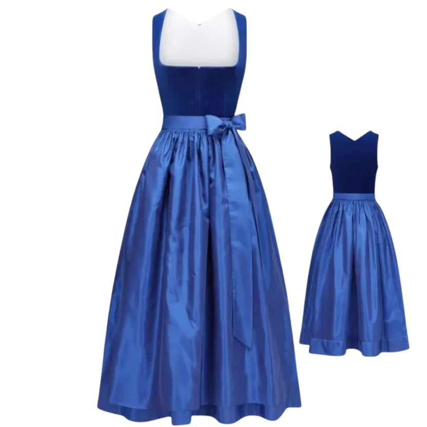 Royal Blue Velvet Dirndl Dress with Satin Skirt