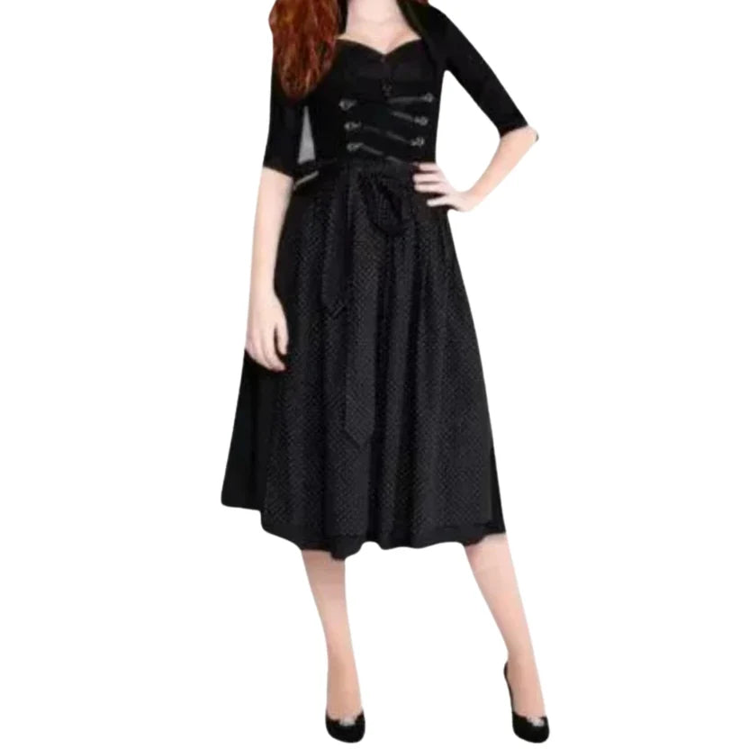Black Polka Dot Dirndl Dress with Lace-Up Bodice