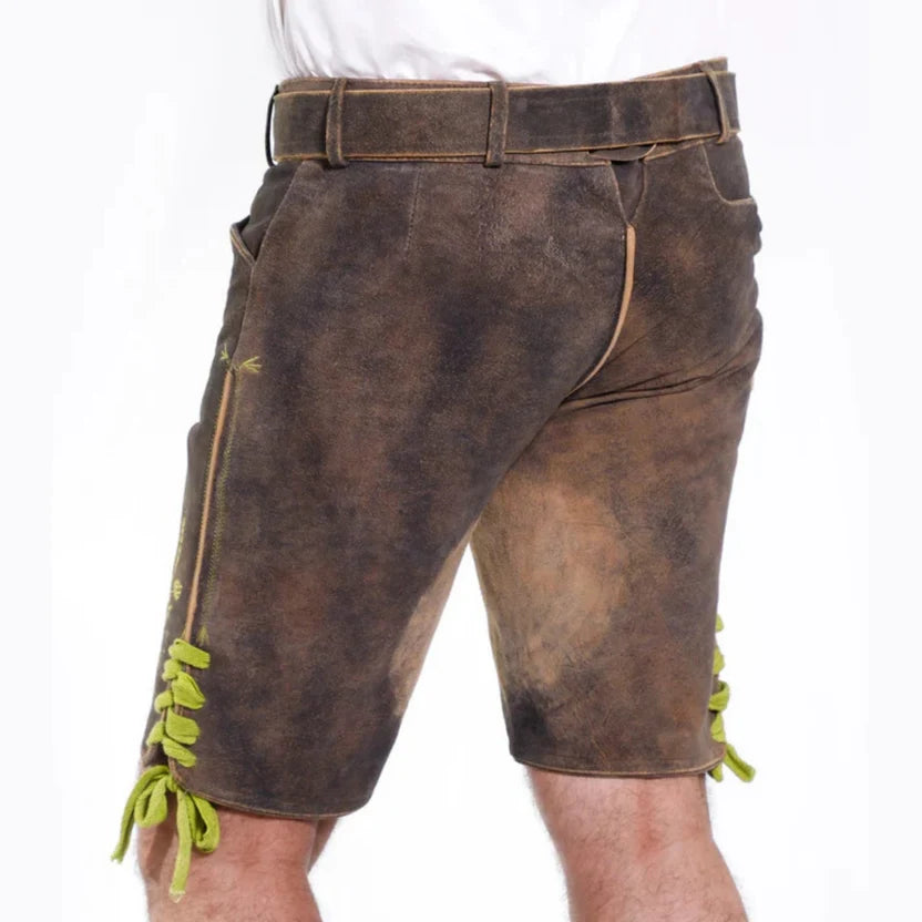 Men's Distressed Brown Suede Lederhosen with Stag Buckle