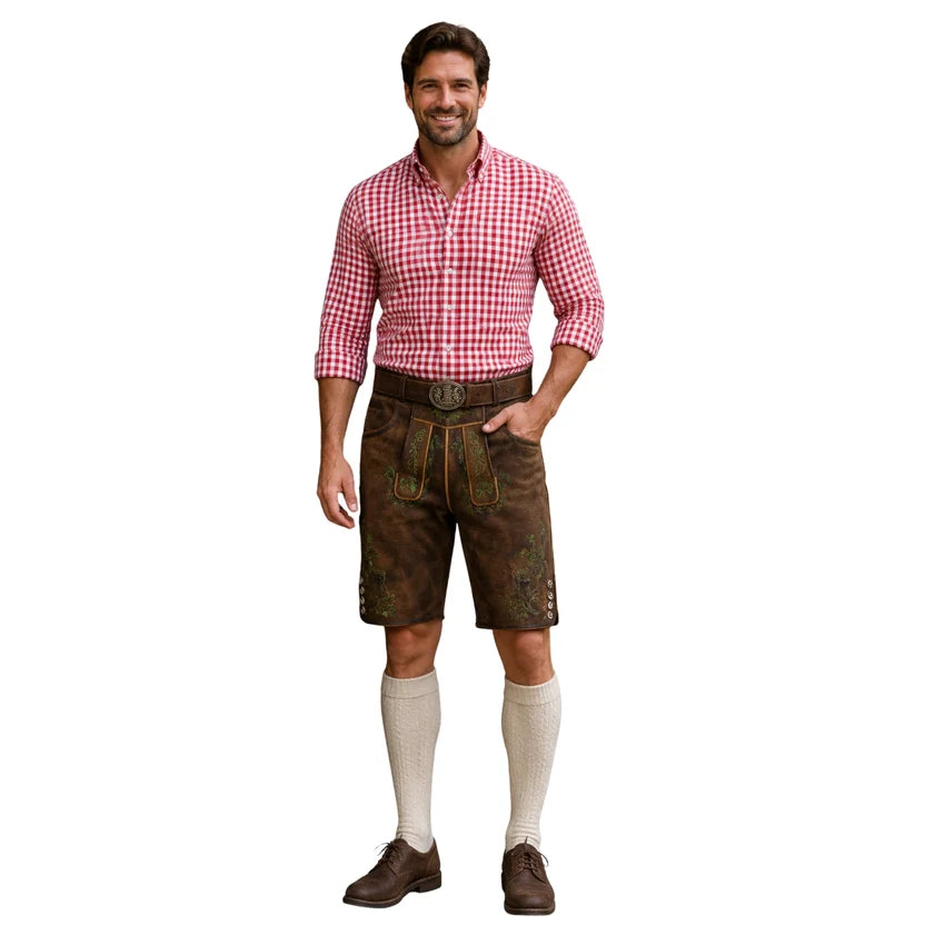 Men's Rustic Brown Suede Lederhosen with Deer Embroidery