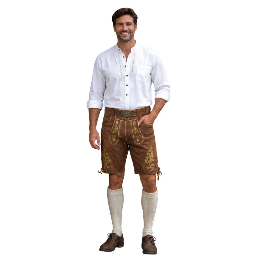 Men's Brown Suede Lederhosen with Oak Leaf Embroidery