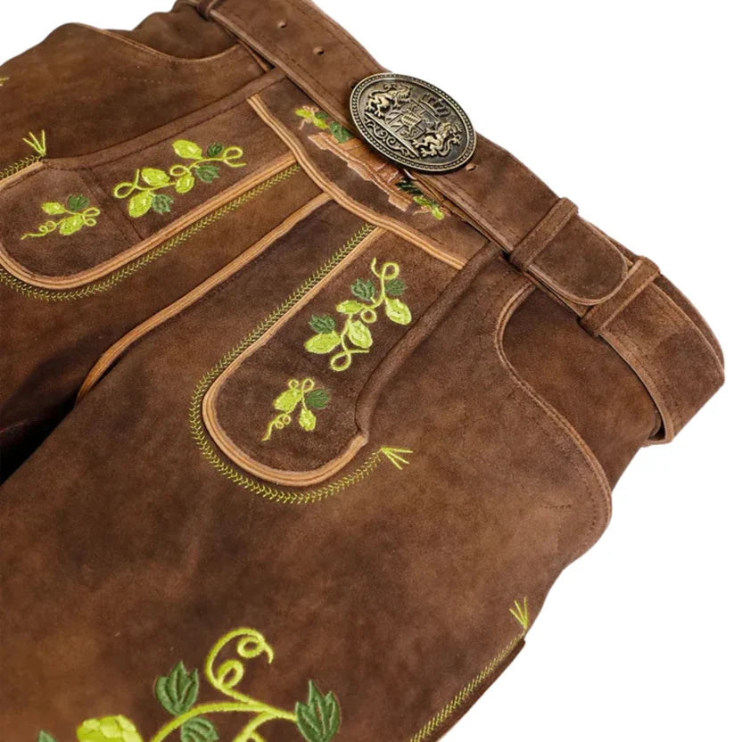 Men's Brown Suede Lederhosen with Hops Embroidery