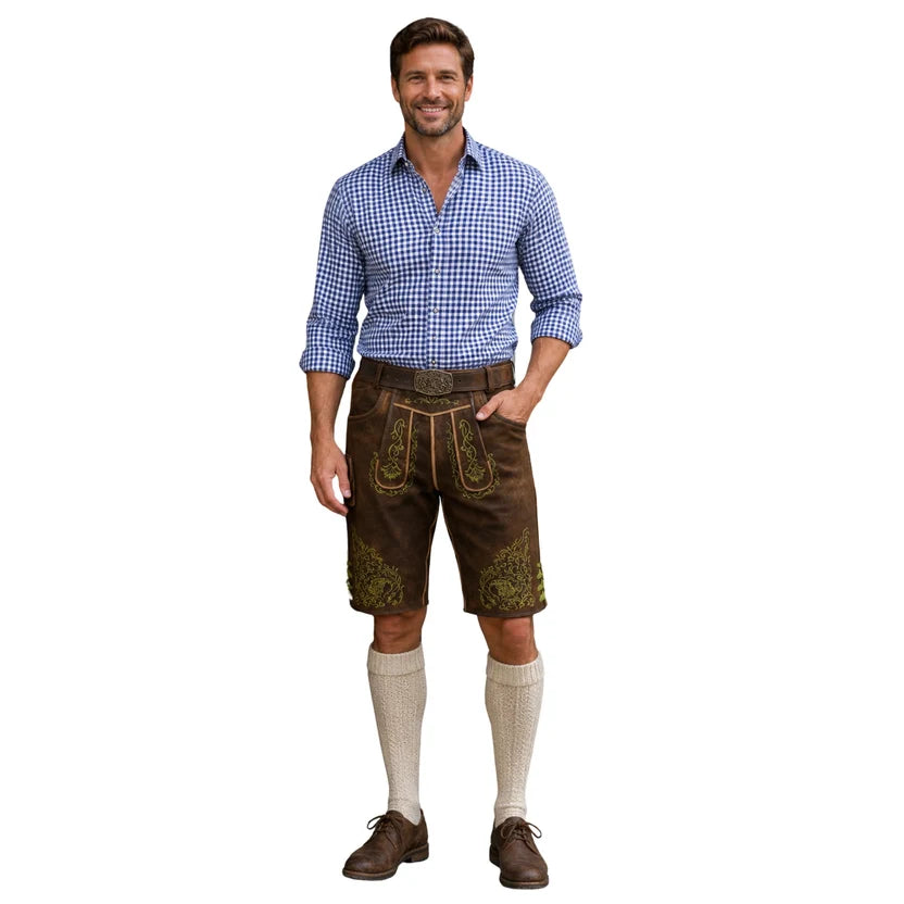 Men's Brown Suede Lederhosen with Scroll Embroidery