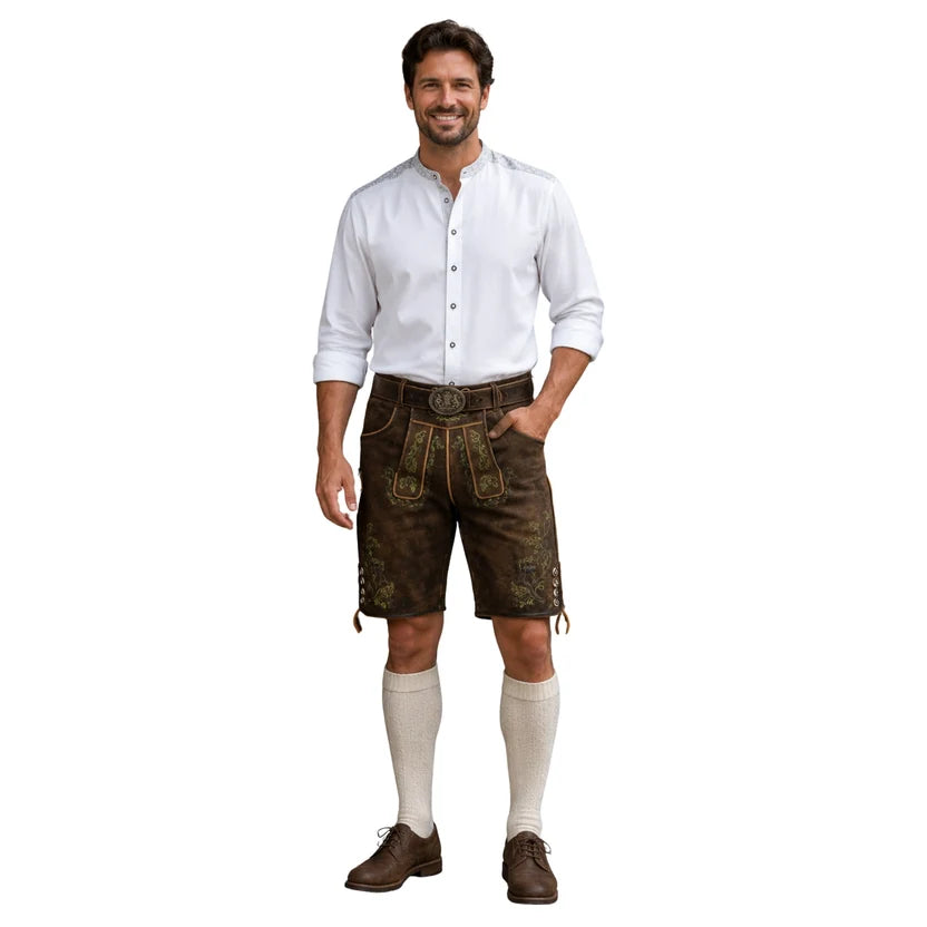 Men's Rustic Brown Suede Lederhosen, Deer Embroidery