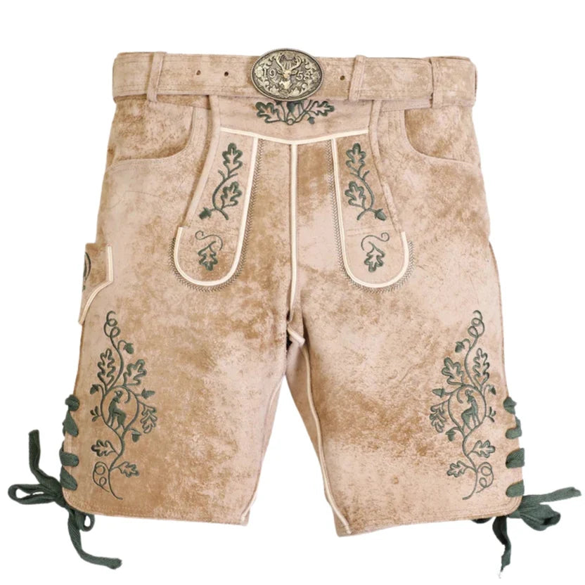 Men's Beige Suede Lederhosen with Oak Leaf Embroidery