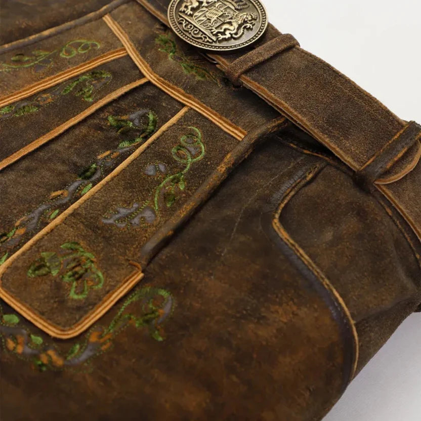 Men's Rustic Brown Suede Lederhosen with Deer Embroidery
