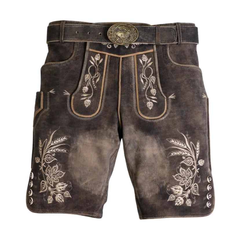 Men's Distressed Grey Suede Lederhosen with Floral Embroidery