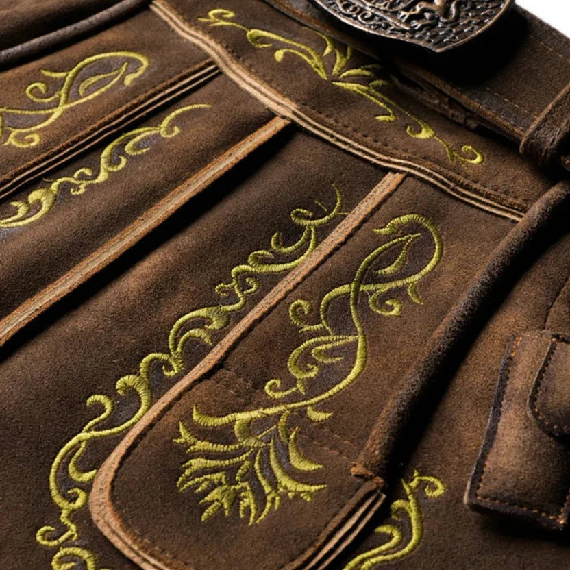 Men's Brown Suede Lederhosen with Scroll Embroidery