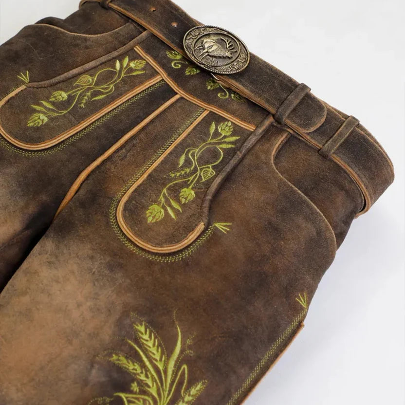 Men's Distressed Brown Suede Lederhosen with Stag Buckle