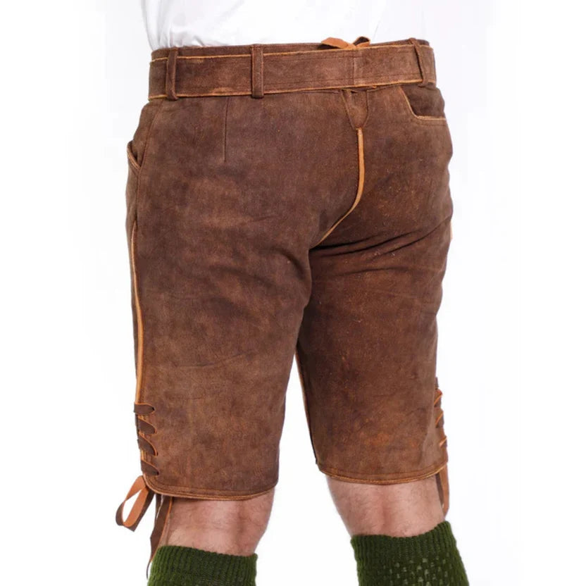 Men's Brown Suede Lederhosen with Oak Leaf Embroidery