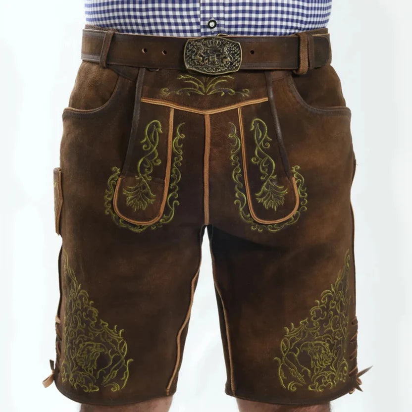 Men's Brown Suede Lederhosen with Scroll Embroidery