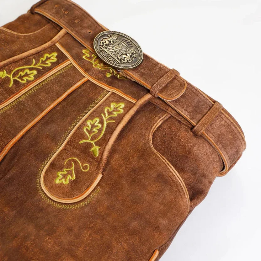Men's Brown Suede Lederhosen with Oak Leaf Embroidery