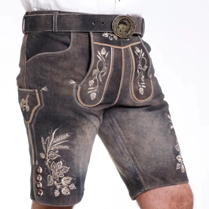 Men's Distressed Grey Suede Lederhosen with Floral Embroidery