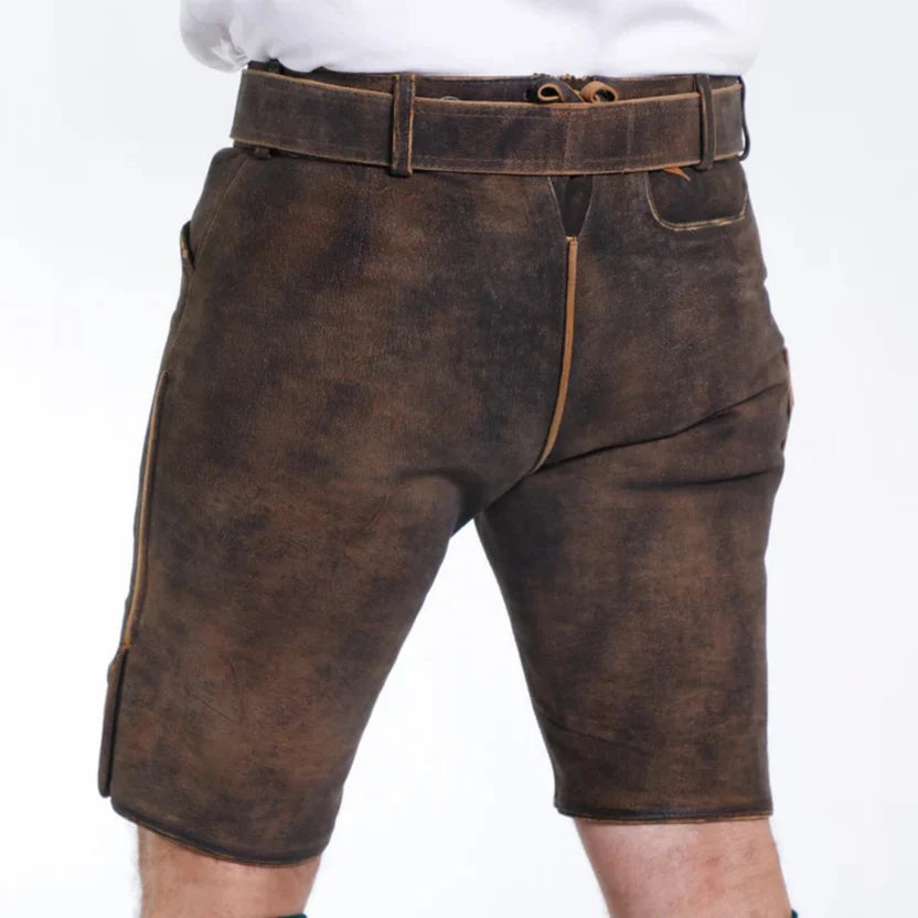 Men's Rustic Brown Suede Lederhosen with Deer Embroidery