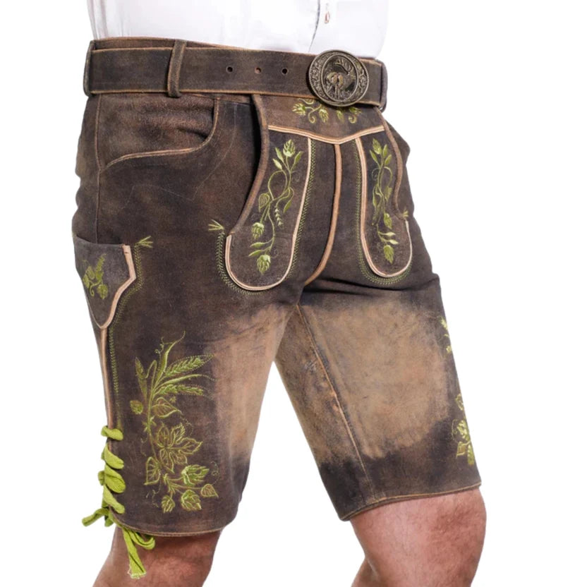 Men's Distressed Brown Suede Lederhosen with Stag Buckle