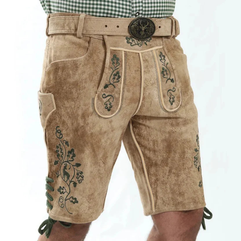 Men's Beige Suede Lederhosen with Oak Leaf Embroidery
